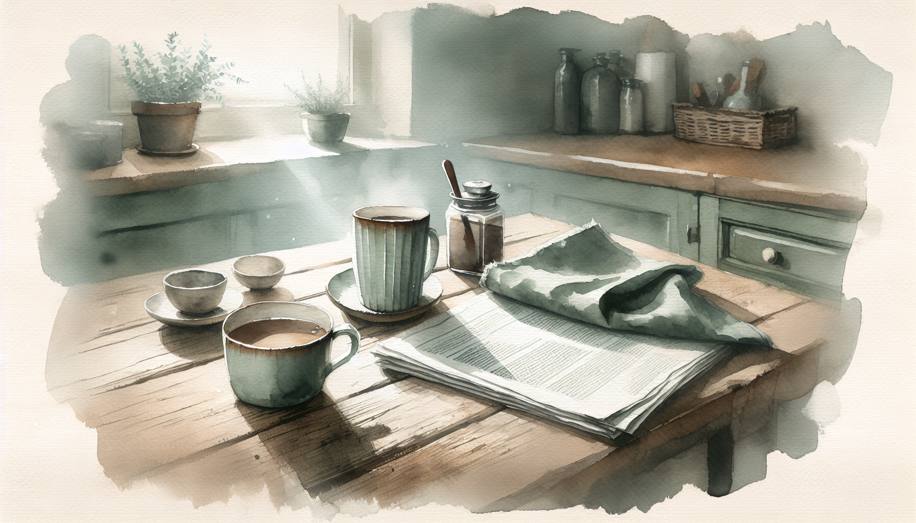 Watercolour illustration of two coffee mugs on a worn wooden table with a folded newspaper, a sage-green linen napkin, and soft window light, in cool off-white, slate mist, eucalyptus sage, and dusty rust tones.